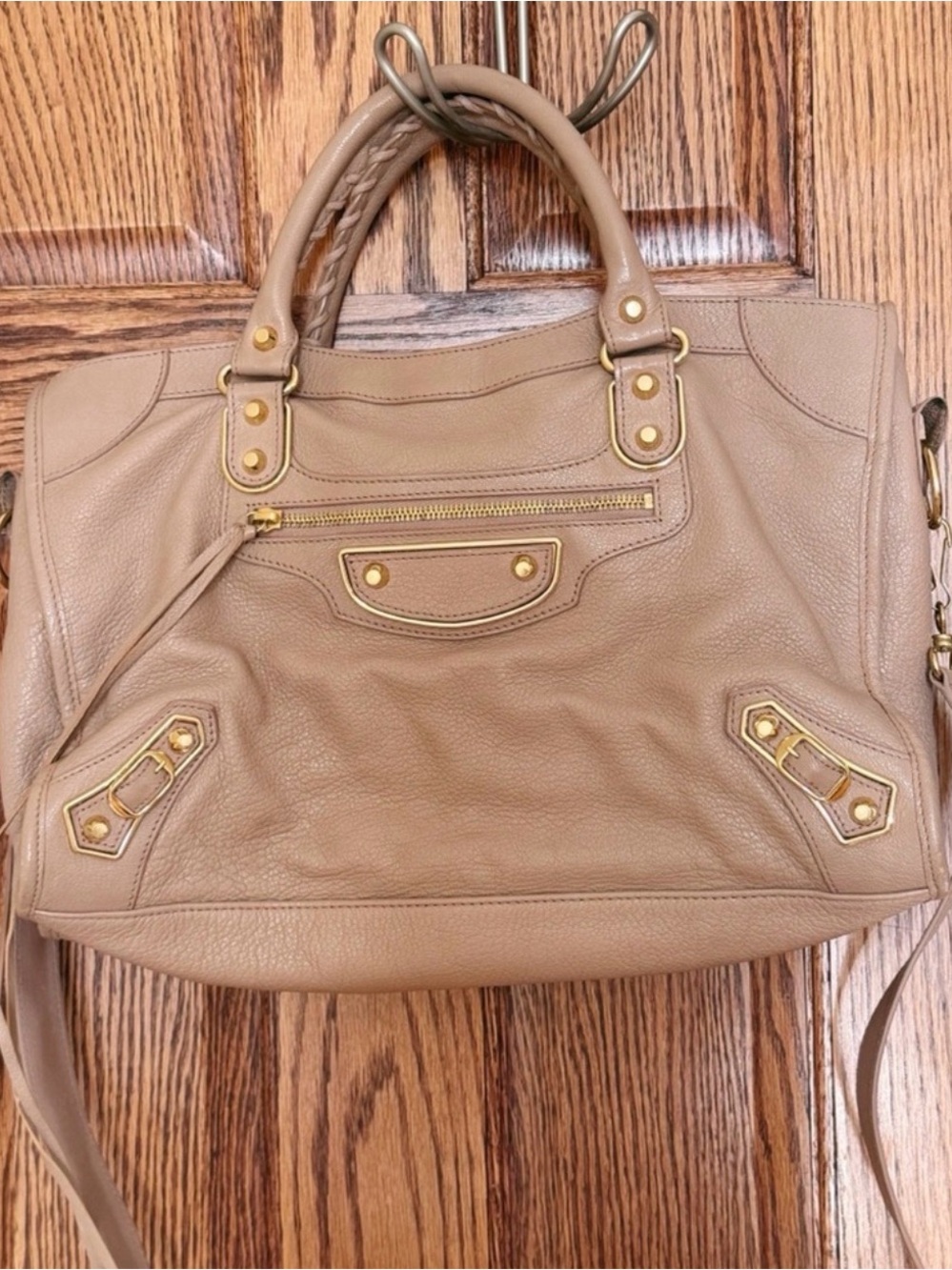Auth Balenciaga City Bag medium metallic Edge Beige Chèvre leather Classic Gold